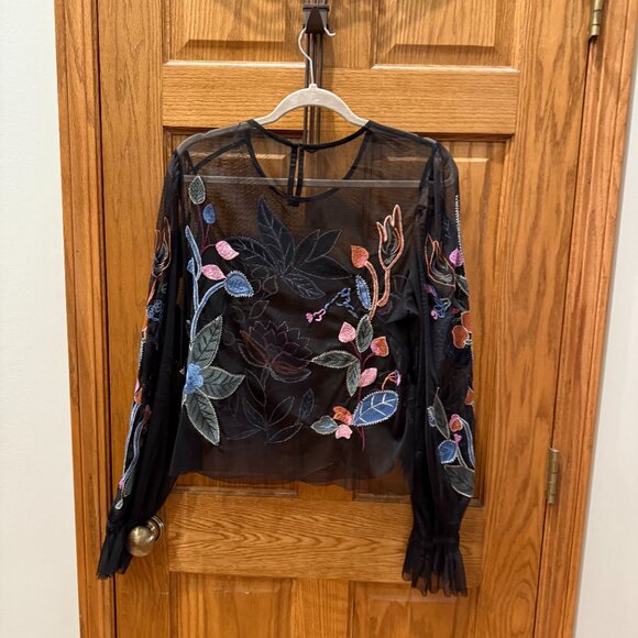 By Anthropologie Long-Sleeve Appliqué Mesh Top Color:  Black Motif, SZ XL - Picture 3 of 6